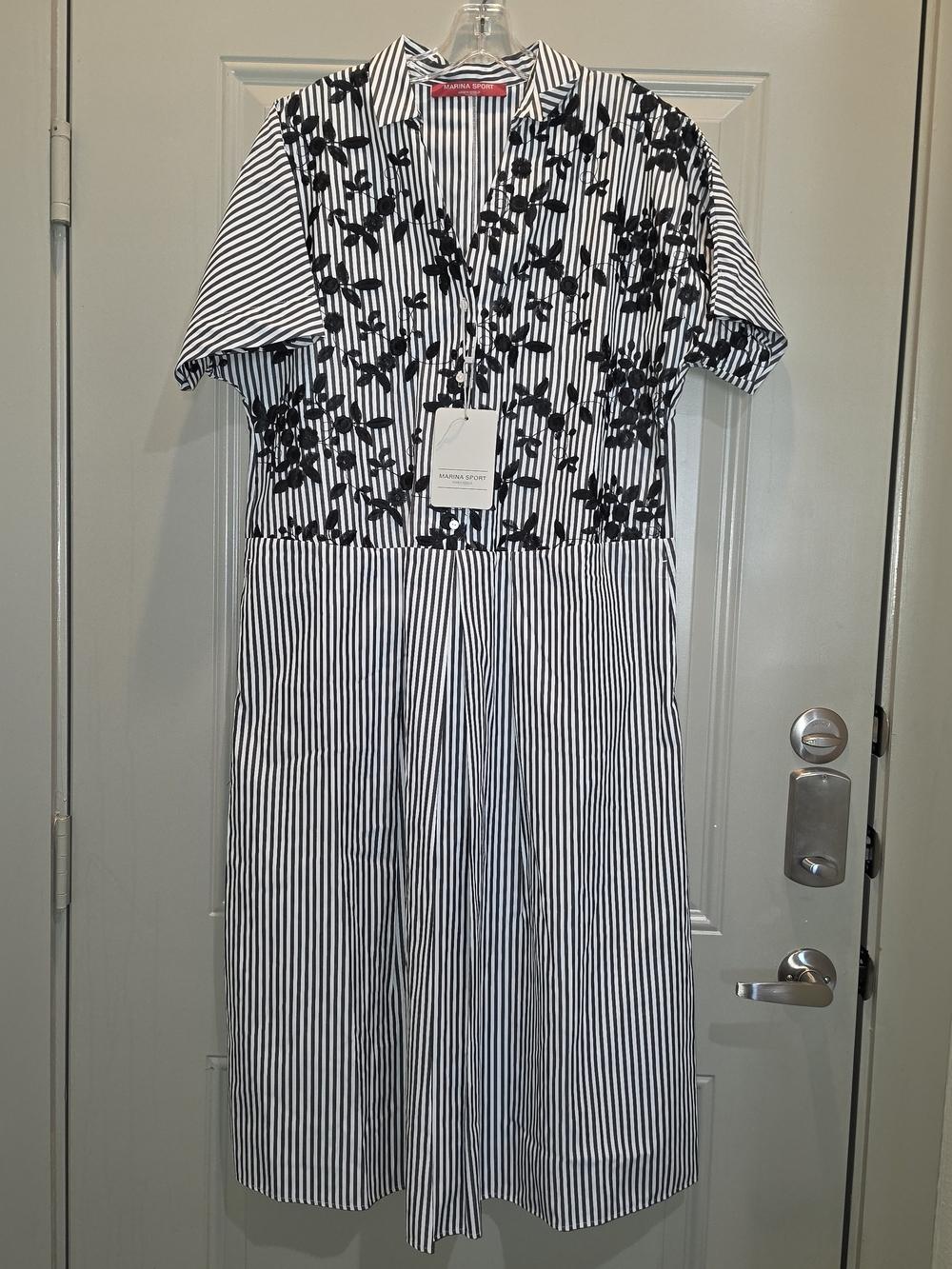 Marina Rinaldi Black & White Striped Embroidered Floral Dress Size 12 (PTP 21")